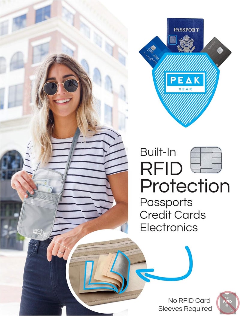 Peak Gear محفظة عنق RFID - الحقيبة الأصلية للسفر مع حزام كتف قابل للتعديل + حماية من السرقة وخدمة المفقودات | رمادي - Image 5